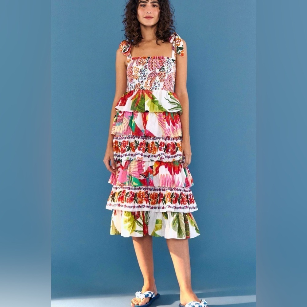 NWT Farm Rio Dress MIXED WHITE PRINTS Layered Dress‎ Off White smocked tie strap